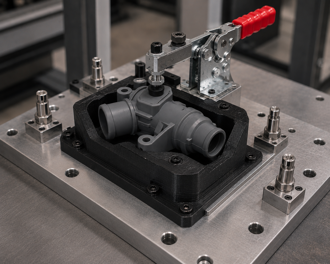Black FDM fixture cradle holding a grey manifold on an aluminium base plate with toggle clamp