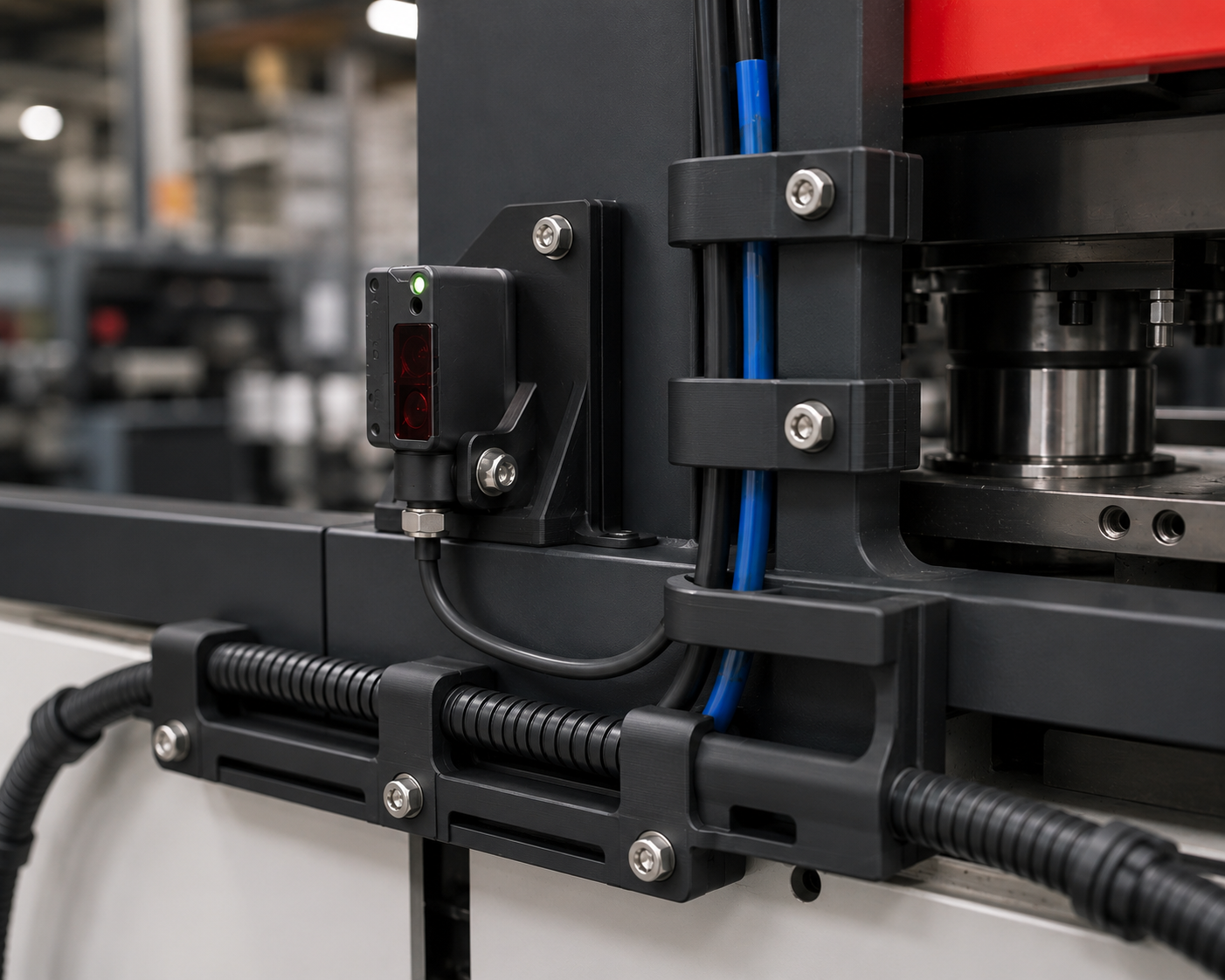 FDM sensor bracket and cable routing clamps on industrial machine framing
