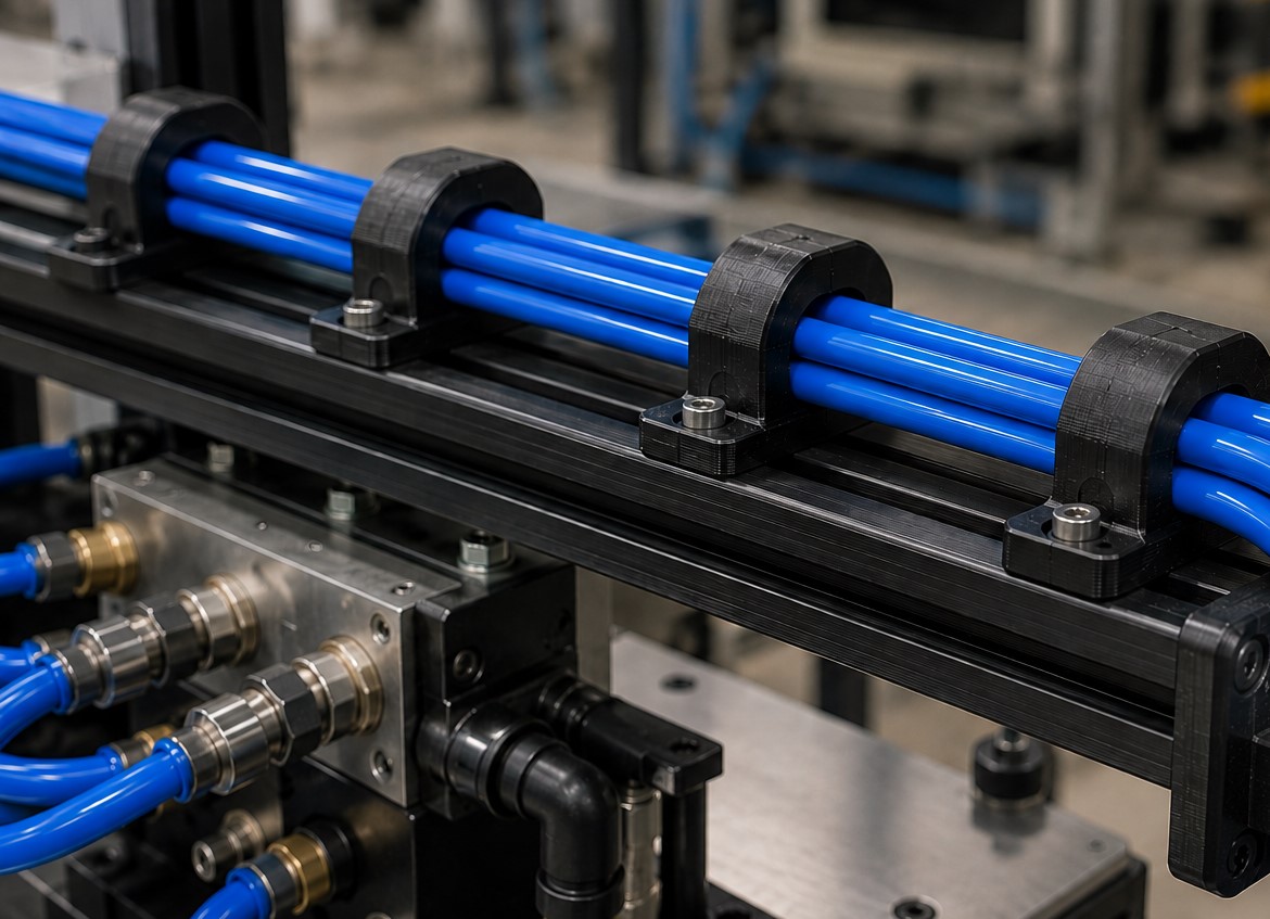 Black 3D-printed hose clamps securing blue pneumatic hoses on aluminium extrusion