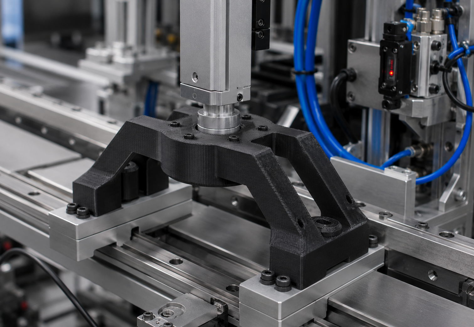 Black FDM bridge bracket mounted on industrial linear rails with pneumatic lines