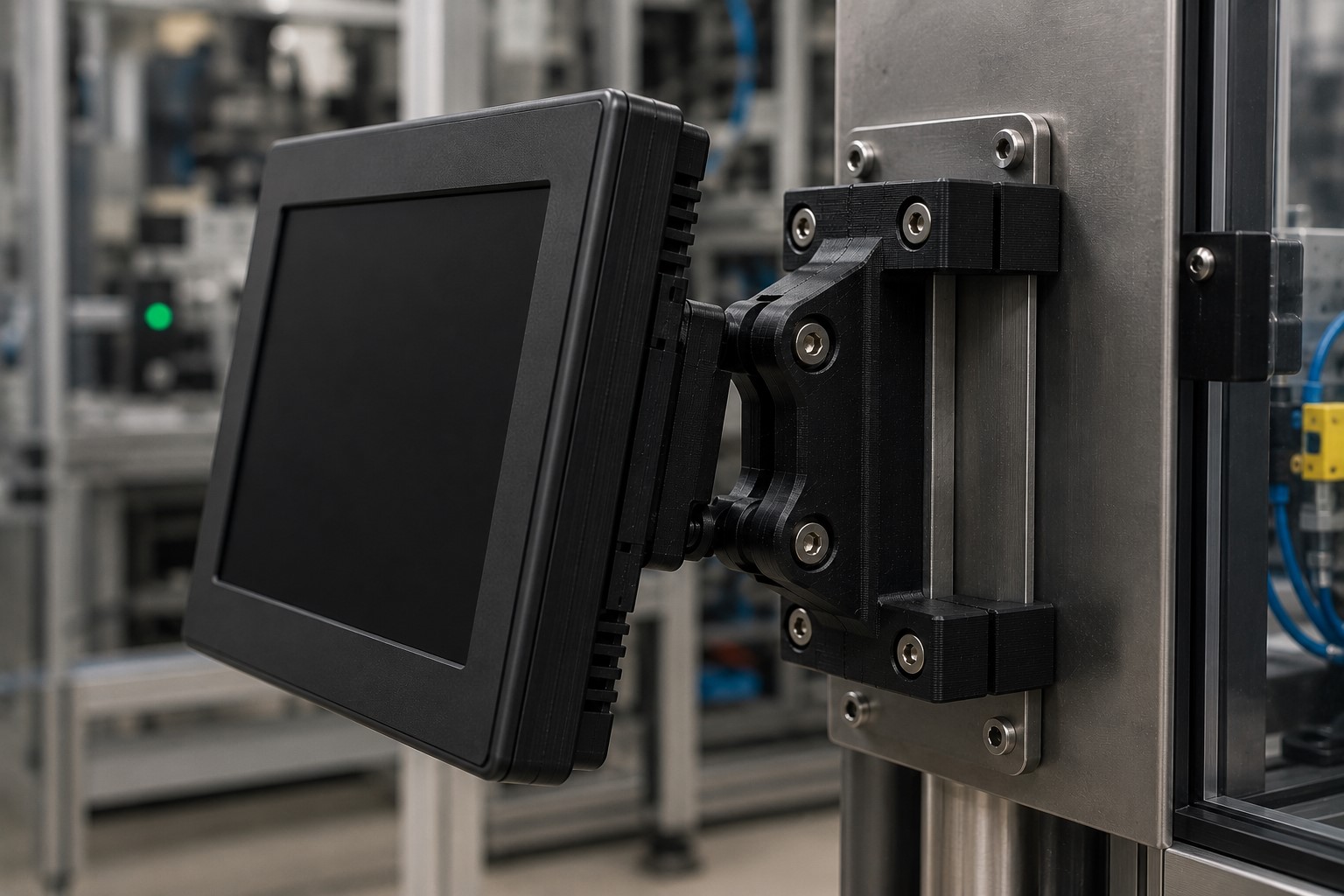 FDM display mount holding a small industrial monitor on a stainless steel panel