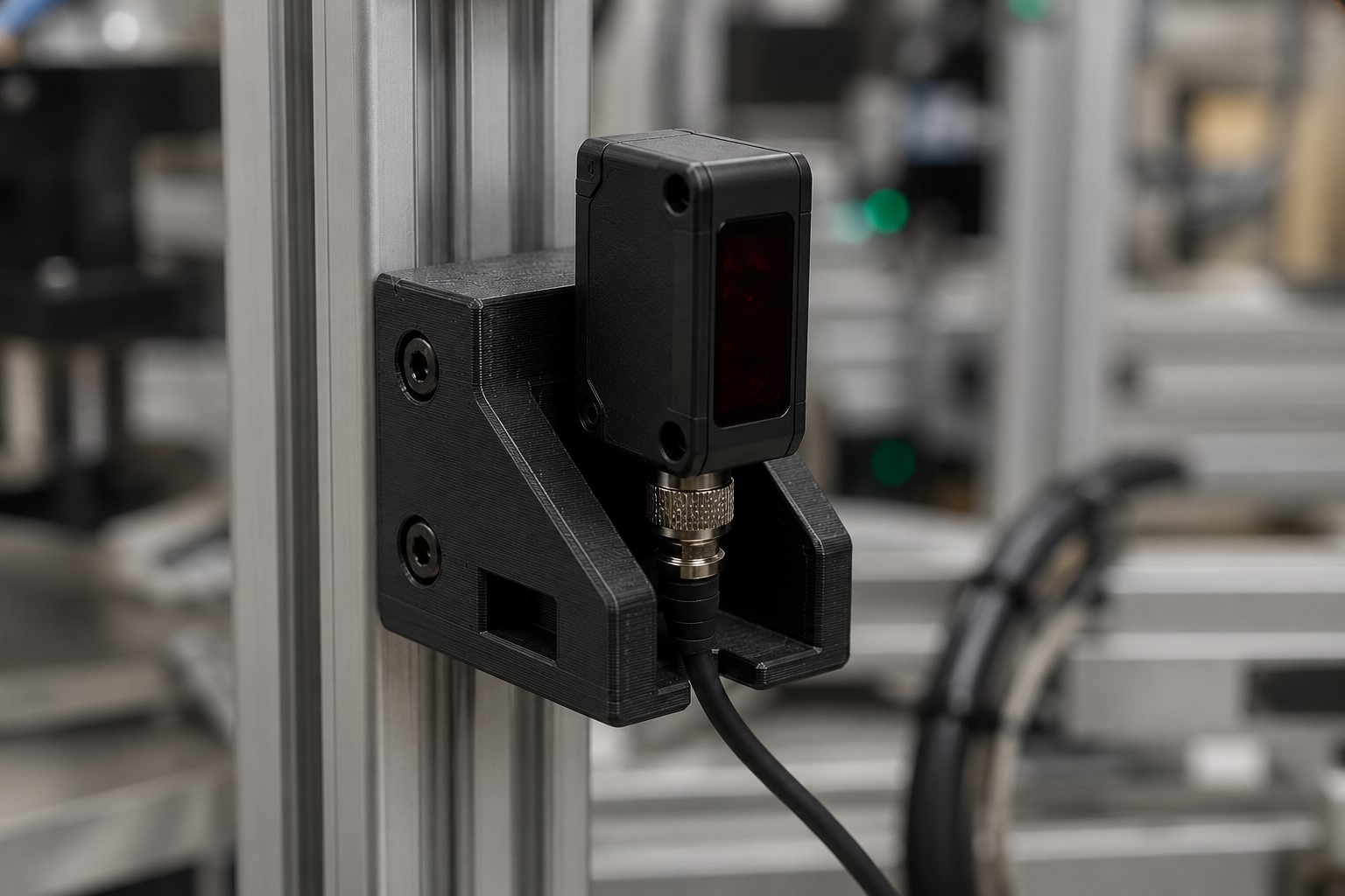 Black FDM sensor mounting bracket on aluminium extrusion in an industrial setting