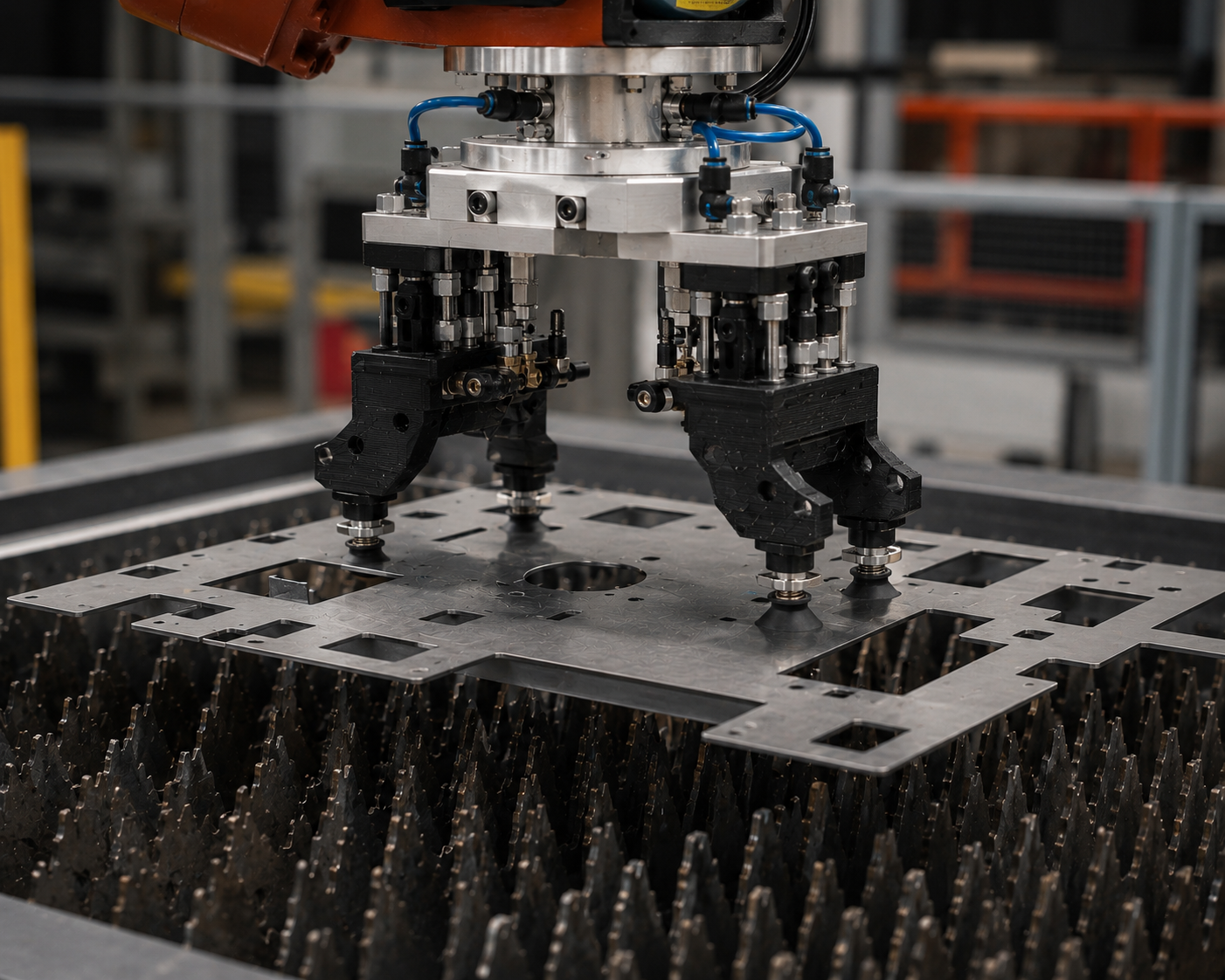 FDM gripper mounting blocks on a robotic vacuum end effector lifting sheet metal